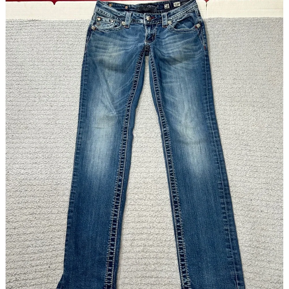 Miss Me Ultra Low Rise Y2K‎ Embroidered Jeans Sz 28 Rhinestone Skinny Western